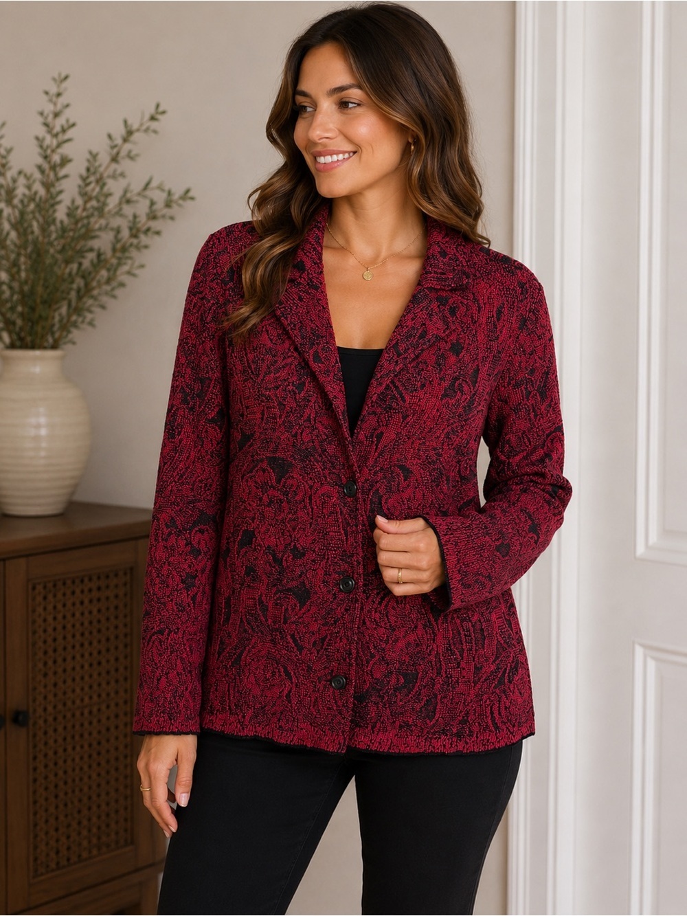 Women’s Textured Button-Front Blazer Jacket - Red